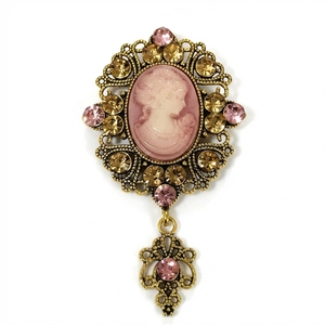 Vintage Victorian cameo brooch with pink lady profile, gold filigree and crystals