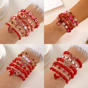 Handgemaakt Legering Polymeerklei Hart Kralen Armband Set Voor Vrouwen Zoet Rood Letter Meerlaags Elastische Sieraden Valentijn Cadeau