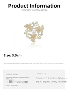 Detailed size chart for golden butterfly brooch with pearls and rhinestones