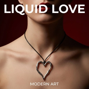 Close-up of irregular liquid heart pendant on a black cord necklace worn by a model