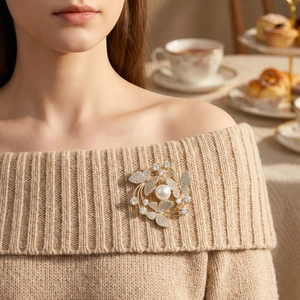 Elegant floral brooch with three butterflies, white pearls, and zircon pave setting for women
