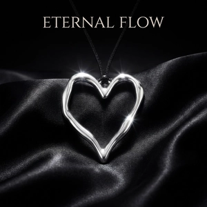 Artistic close-up of polished silver fluid heart pendant on black silk satin background