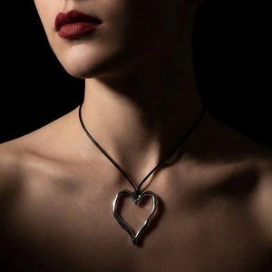 Close-up of irregular silver hollow heart pendant on black cord necklace worn by model