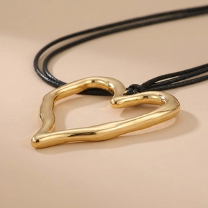 Minimalist gold hollow heart pendant necklace with black cord for women fashion