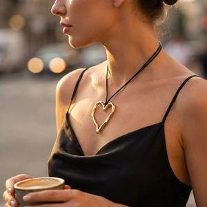 Irregular hollow heart pendant necklace with black wax cord worn by a model in soft sunlight