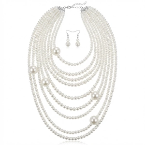 Elegante conjunto de collar de perlas multicapa y pendientes con cierre de langosta