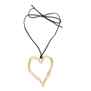 Irregular hollow heart pendant on black cord necklace with a decorative bow knot