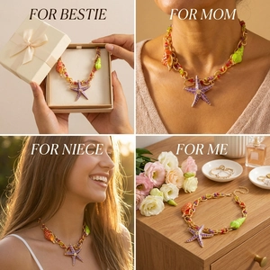 Detailed views of starfish necklace with colorful beads and shells for gift-giving context