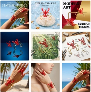 Detail view of the red enamel lobster jewelry set featuring a gold-plated bracelet and ring