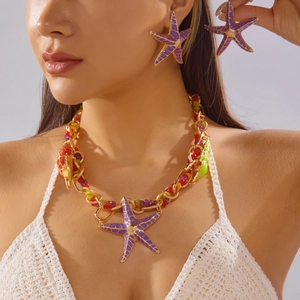 Bohemian jewelry set with purple enamel starfish pendants and colorful beaded necklace