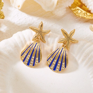 Orecchini pendenti a stella marina e conchiglia blu con strass scintillanti stile marino