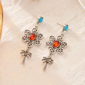 Vintage silver hollow flower earrings with turquoise stones and palm tree pendants
