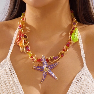 Bohemian gold chain necklace with colorful enamel starfish and seashell pendants