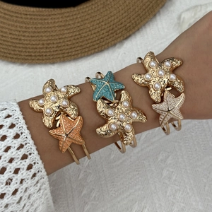 Bohemian Alloy Gold Plated Starfish Shell Bangle Bracelet With Imitation Artificial Pearls Beach Vacation Jewelry For Women