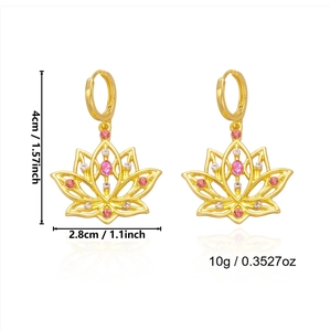 Detailed size specifications for gold lotus earrings with pink and white gemstones