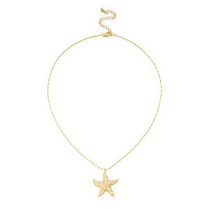 Detailed view of golden starfish pendant with textured surface and sparkling crystals