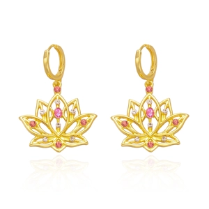 Detailed close-up of golden lotus flower earrings with pink and white gemstones