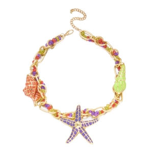 Bohemian colorful starfish and seashell beaded necklace with gold chain for women