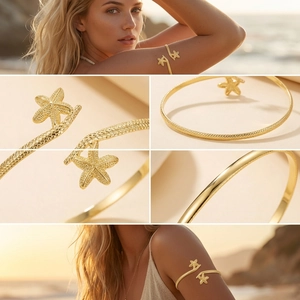 Detail of golden starfish arm cuff with woven texture and sea-inspired design for women