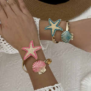 Colorful starfish and seashell open bracelets in gold finish for beach vacation jewelry