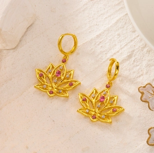 Detailed shot of gold-plated lotus drop earrings with pink and white crystal accents