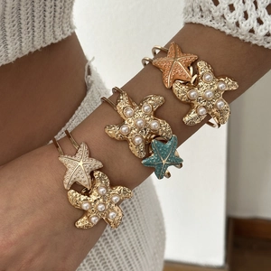 Colorful starfish open bracelets with pearls and gold plating for women's vacation style