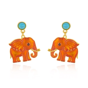 Detail of elephant dangle earrings with orange enamel and turquoise stone studs