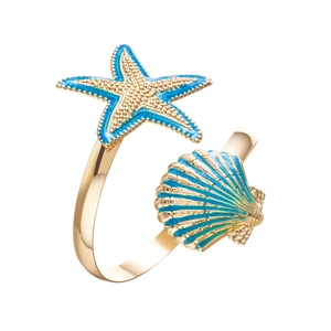 Adjustable gold ring with blue enamel starfish and seashell for ocean style jewelry