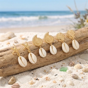 Detail of beach-style earrings with golden starfish and shells on white sand