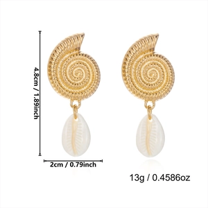 Detail view of gold starfish shell earrings with white shell drop and size measurements