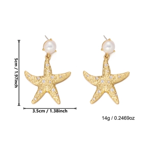 Detailed view of starfish earrings with pearl and rhinestones showing size 5cm by 3.5cm
