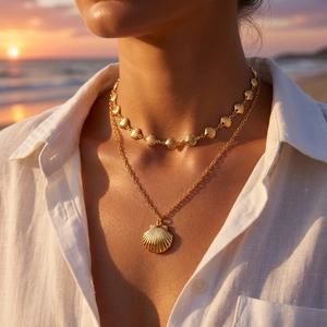 Luxury Gold Plated Alloy Scallop Shell Double Layer Pendant Necklace Summer Beach Vacation Ocean Style Jewelry For Women