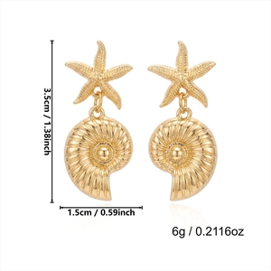 Detailed view of starfish and seashell drop earrings with size measurements in inches and cm