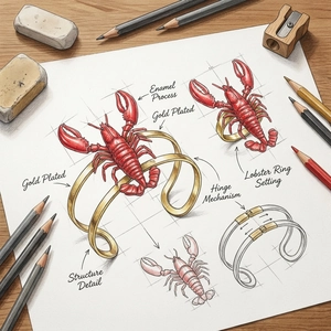 Artistic design sketch of gold-plated enamel lobster bracelet and ring on desk
