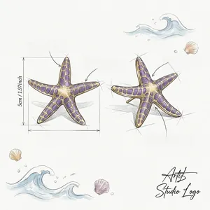 Hand-drawn sketch of bohemian starfish earrings with purple enamel and gold plating