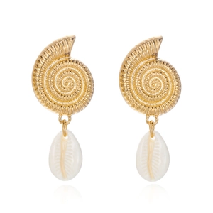 Detailed view of golden spiral sea shell earrings with white scallop charm pendants