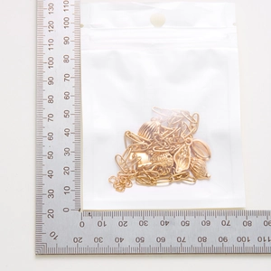 Detail view of multi-layer shell necklace inside clear packaging with scale ruler