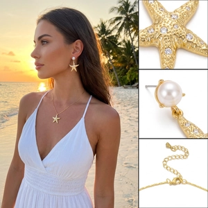 Gold Alloy Starfish Necklace And Earrings With Artificial Pearl Rhinestone Ocean Theme Jewelry For Women Summer Beach Holiday Party Accessories