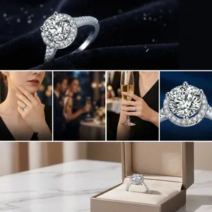 Detailed view of halo setting ring with pavé diamonds in elegant gift box