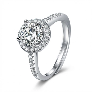 Classic round four-prong moissanite ring with halo diamonds and adjustable silver band
