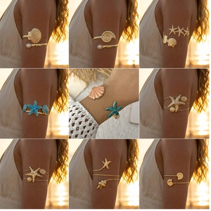 Bohemian Gold Starfish Shell Arm Cuff Bracelet For Women Marine Vacation Style Alloy Faux Artificial Pearl Adjustable Bangle Jewelry