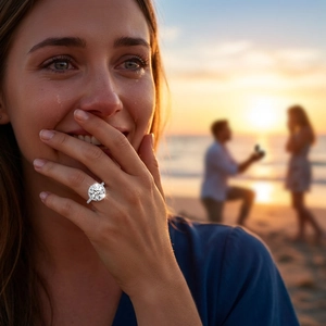 Close-up of a stunning four-prong round high-carbon diamond ring on hand at sunset