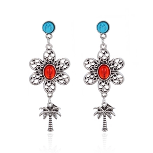 Ethnic silver drop earrings with blue turquoise, red flower inlay, and palm tree pendant