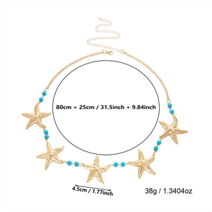 Plan détaillé des dimensions de la chaîne de corps étoile de mer dorée avec perles bleues