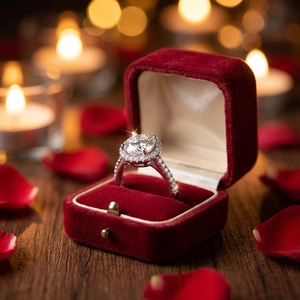 Luxury four-prong round diamond ring in red velvet box with elegant rose petals and warm bokeh