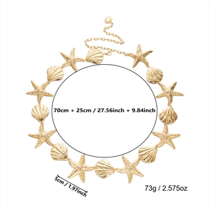 Détails de la chaîne de corps coquillage et étoile de mer dorée, taille 70+25cm et poids 73g
