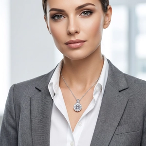 Close-up of a silver halo pendant necklace with a round-cut stone on a female model