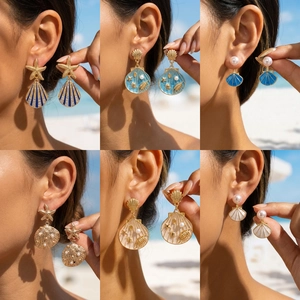 Orecchini a Goccia con Stella Marina e Conchiglia Spiaggia Estiva in Lega Perla Artificial Sintetica Smalto Tema Oceano Oro Gioielli per Donna
