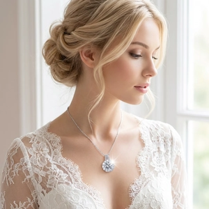 Close-up of a sparkling round-cut carbon diamond pendant on a silver necklace for weddings
