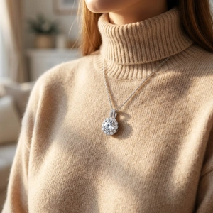 Detail of elegant round cut halo diamond pendant necklace on a beige knit sweater